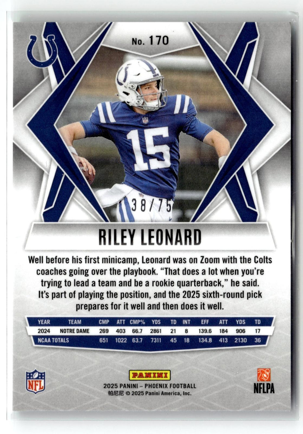 #170 Riley Leonard 2025 Panini Phoenix