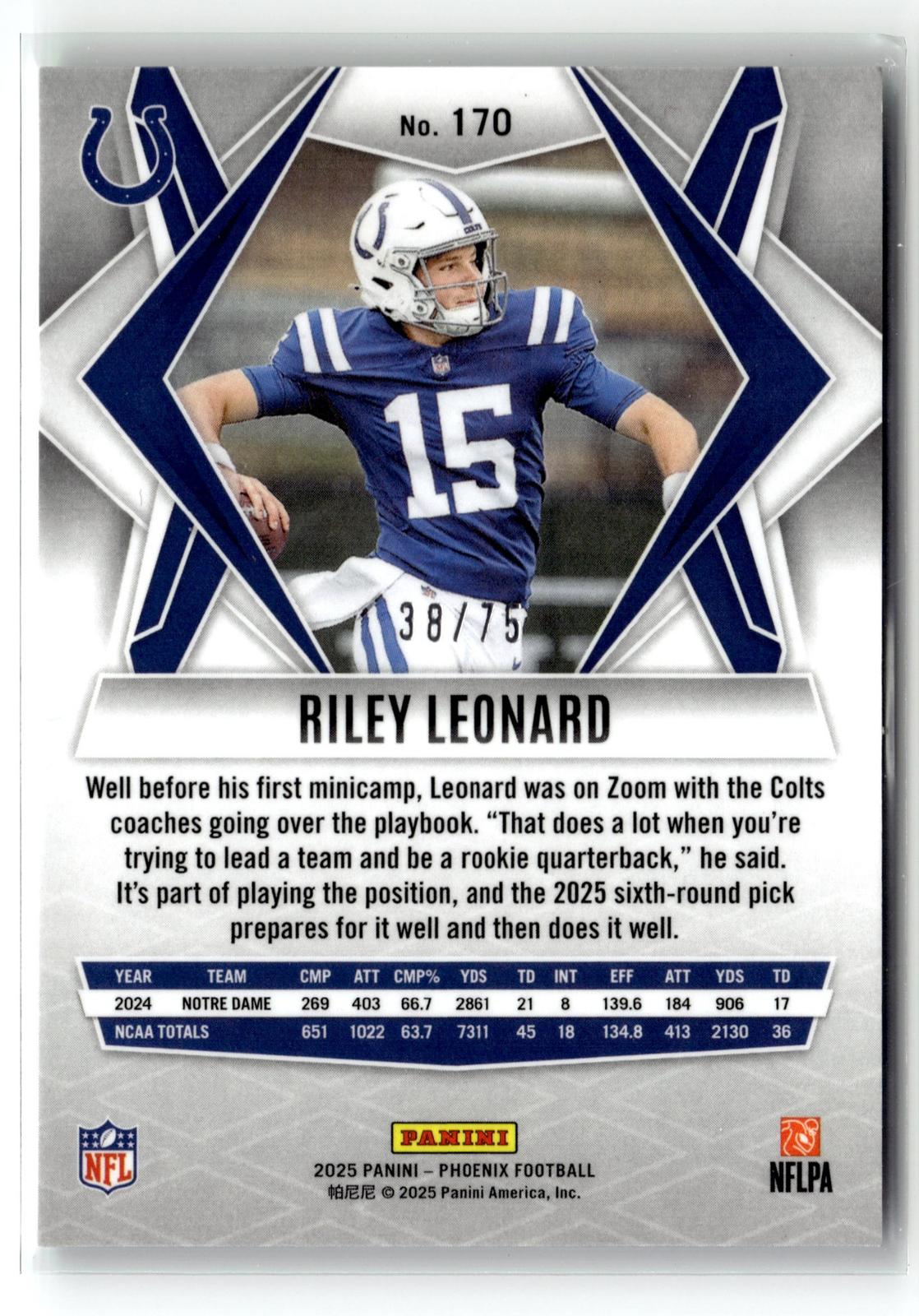 #170 Riley Leonard 2025 Panini Phoenix