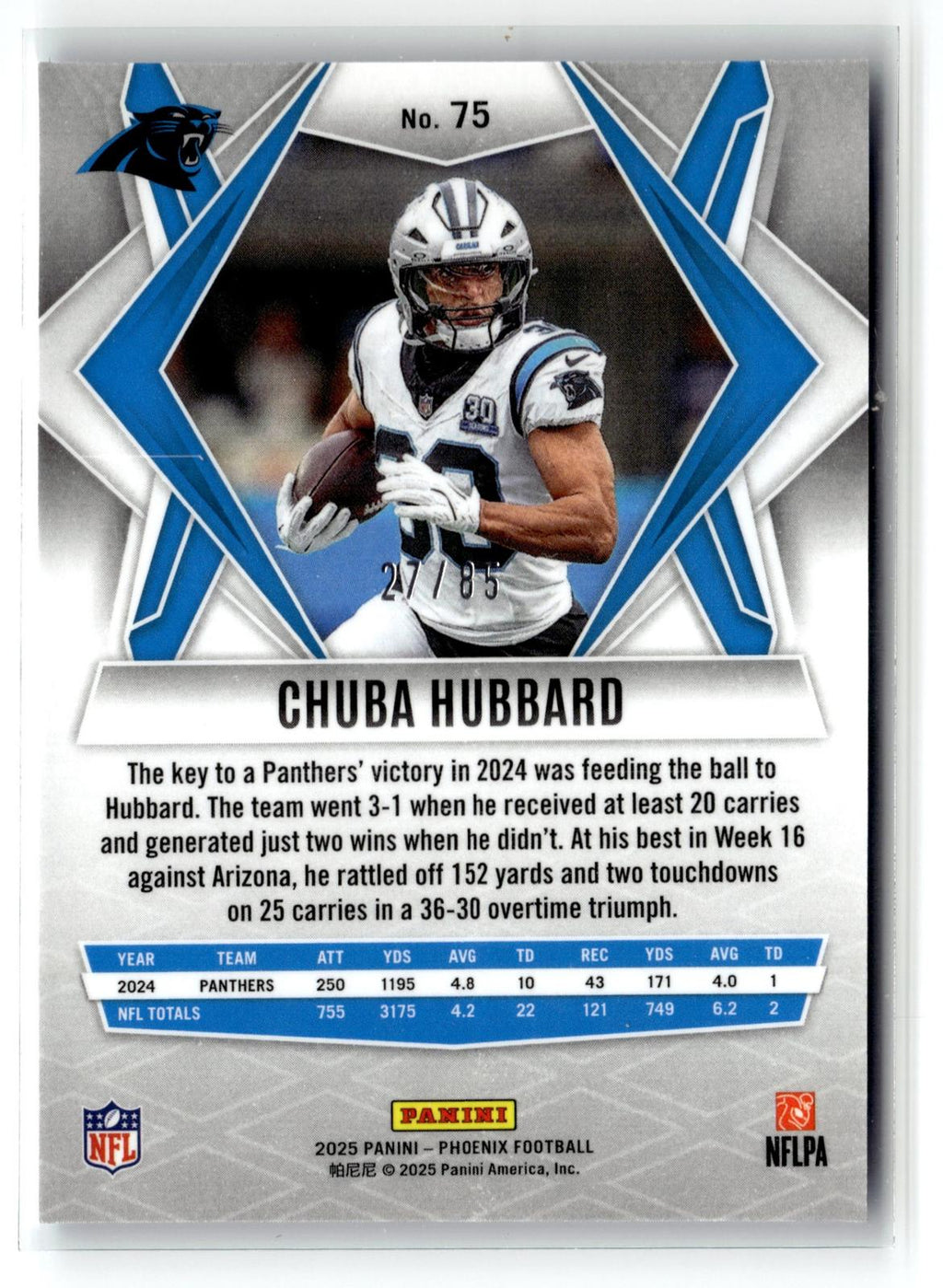 #75 Chuba Hubbard 2025 Panini Phoenix