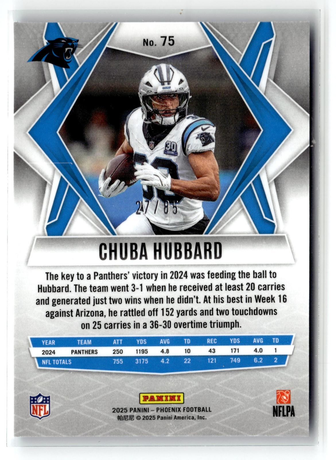 #75 Chuba Hubbard 2025 Panini Phoenix