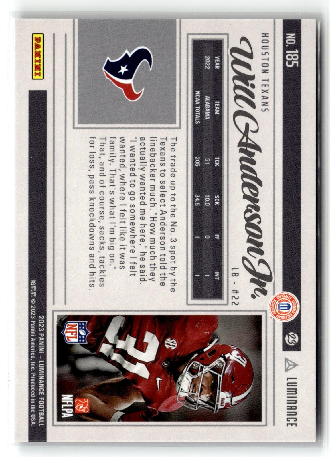 #185 Will Anderson Jr. 2023 Panini Luminance