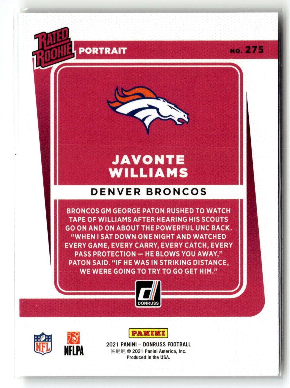 #275 Javonte Williams 2021 Donruss