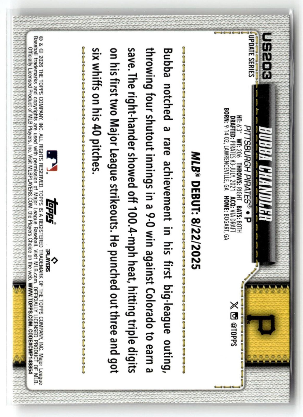 2026 Topps Update #US203 Bubba Chandler Holiday