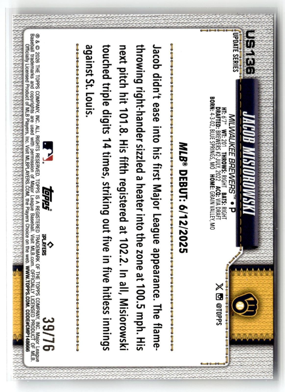 2026 Topps Update #US136 Jacob Misiorowski Independence Day #/76