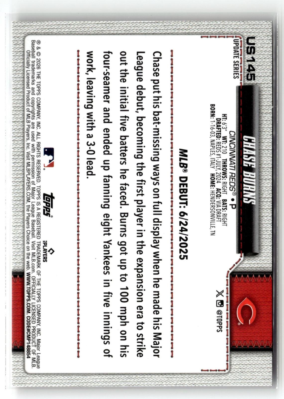 2026 Topps Update #US145 Chase Burns Holiday