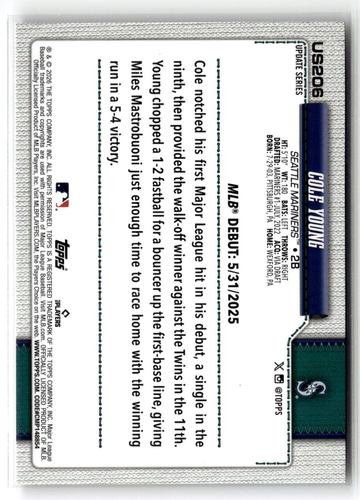 2026 Topps Update #US206 Cole Young Holiday