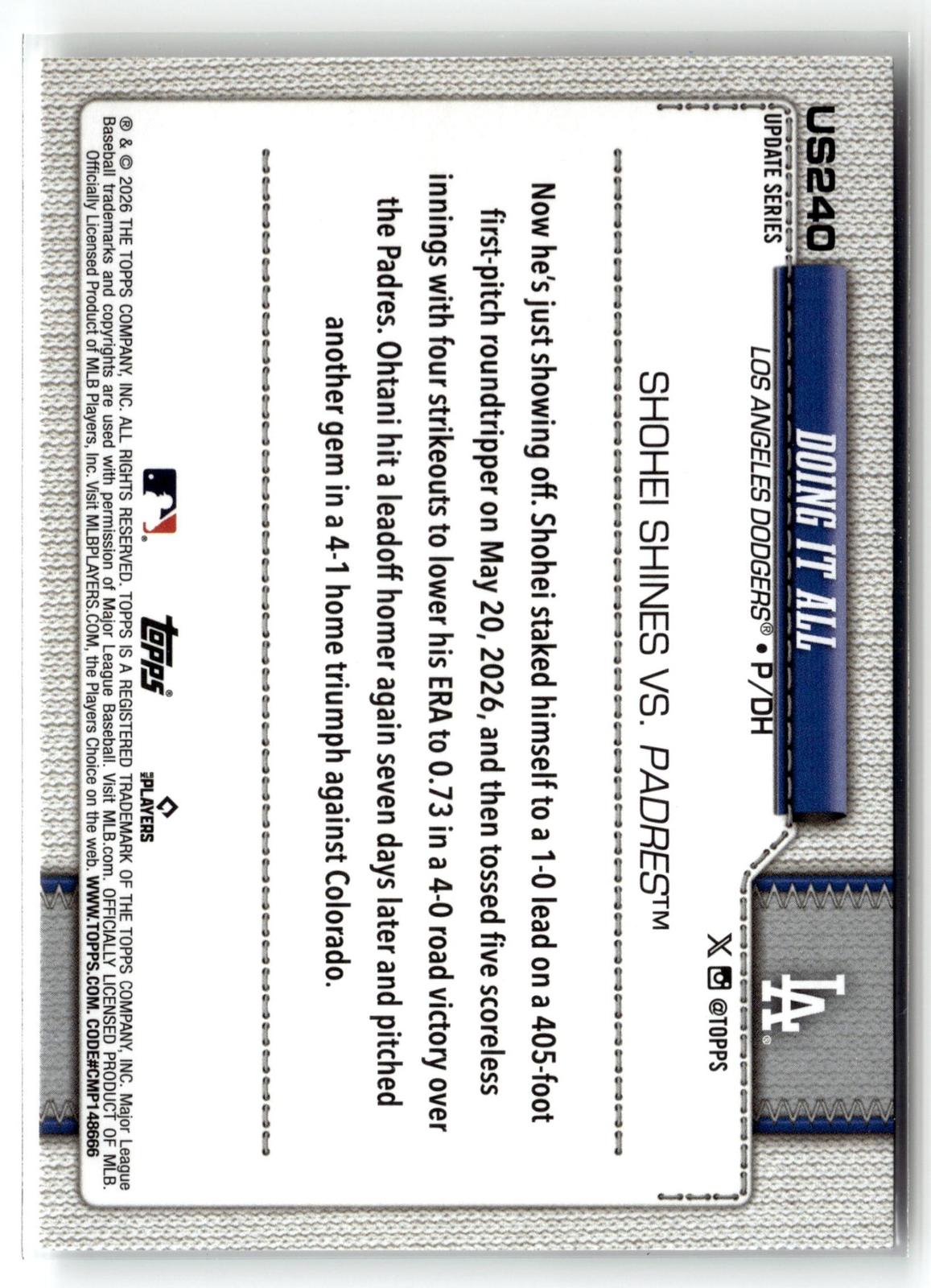 2026 Topps Update #US240 Doing it All (Shohei Ohtani)