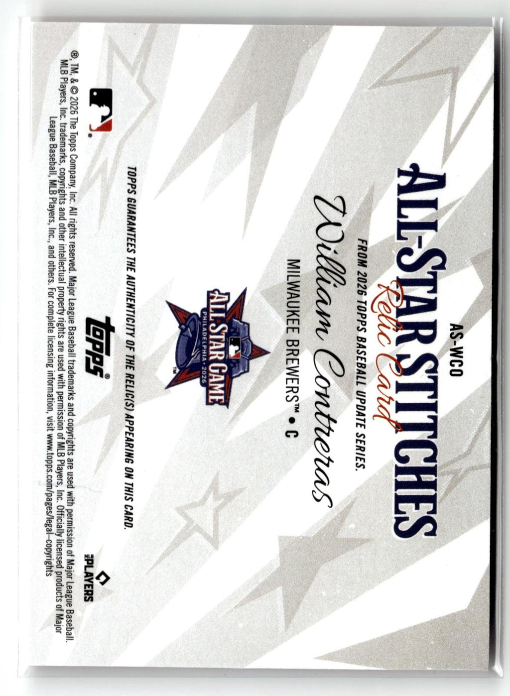 2026 Topps Update #AS-WCO William Contreras All-Star Stitches