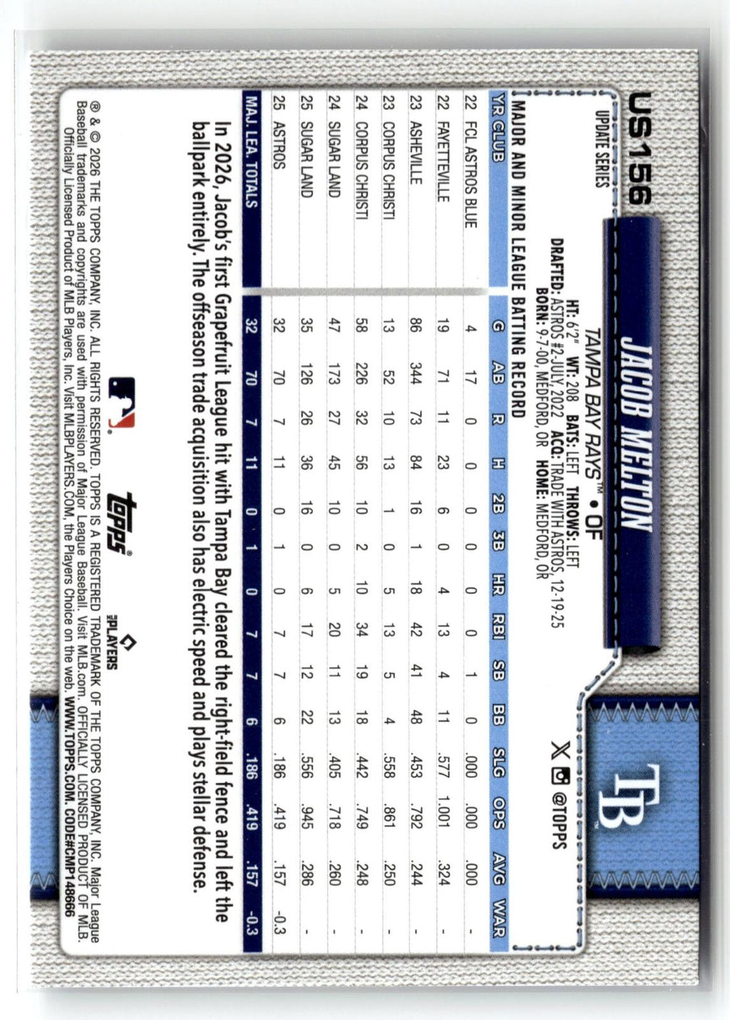 2026 Topps Update #US156 Jacob Melton Diamante Foil