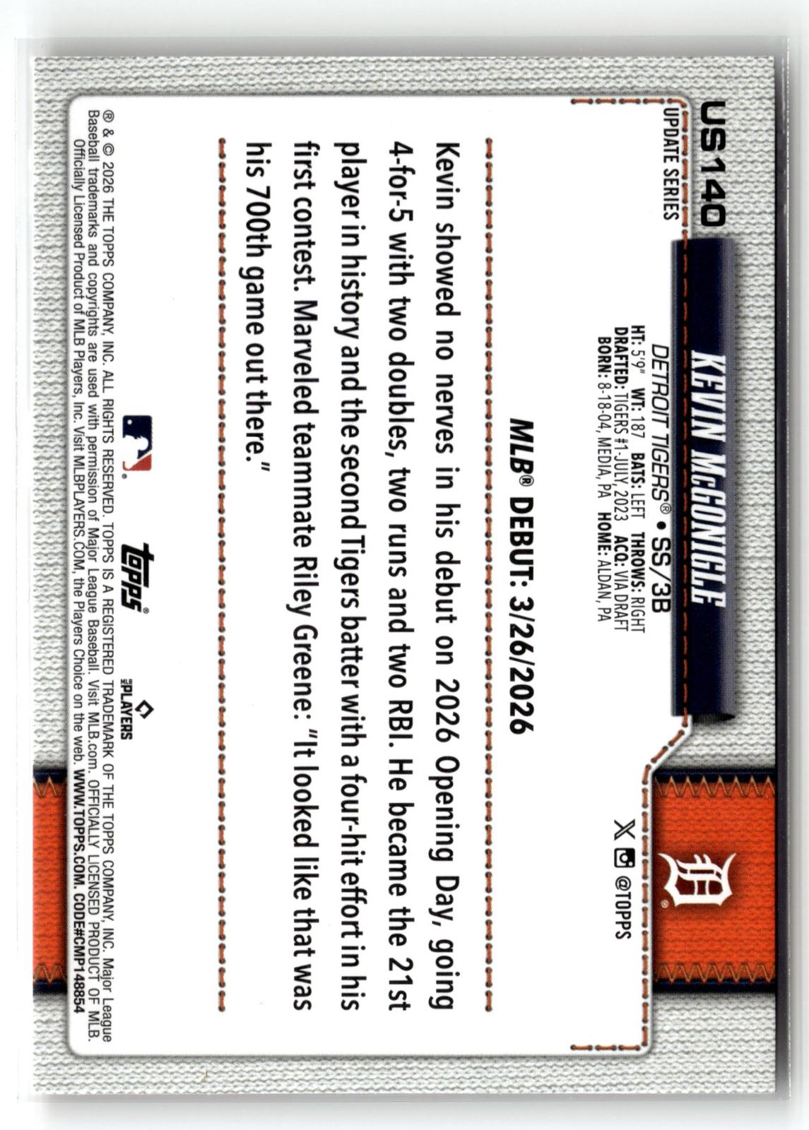 2026 Topps Update #US140 Kevin McGonigle Holiday