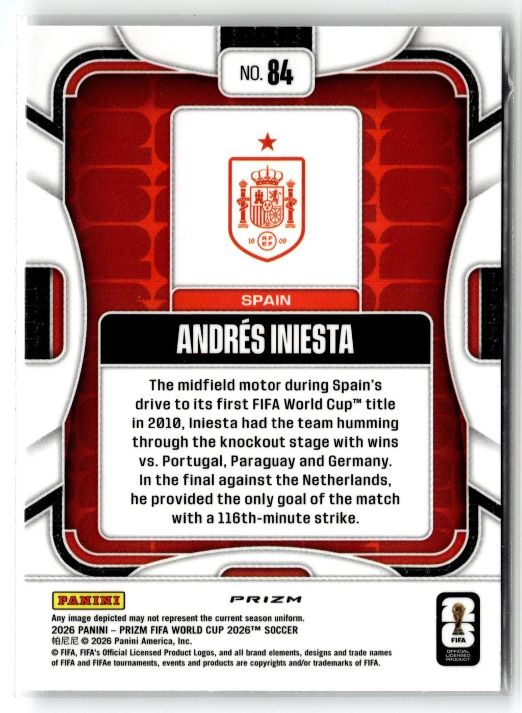 2026 Panini Prizm FIFA World Cup #84 Andres Iniesta Silver Prizm