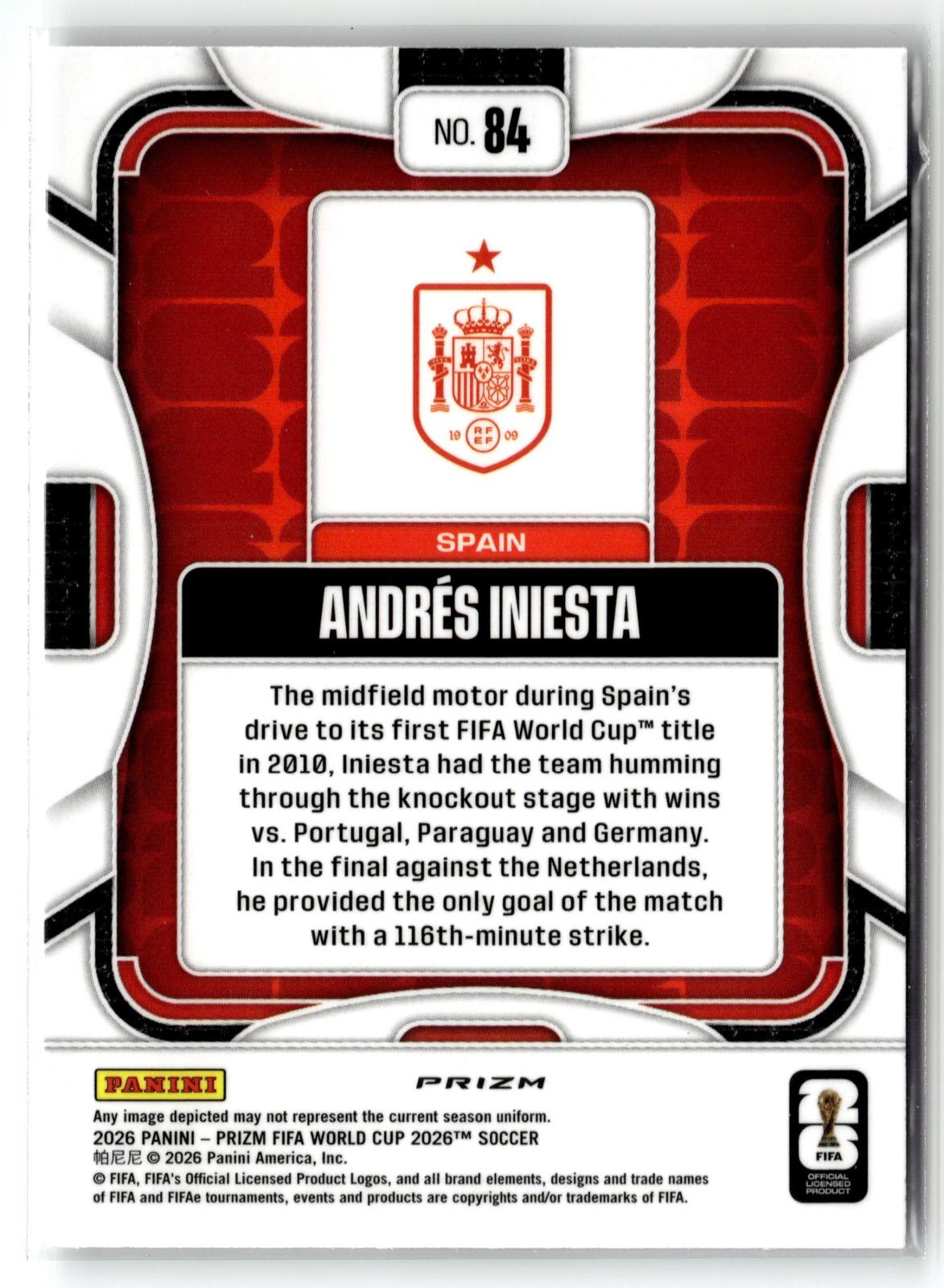 2026 Panini Prizm FIFA World Cup #84 Andres Iniesta Silver Prizm