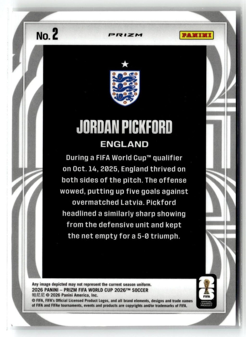 2026 Panini Prizm FIFA World Cup #2 Jordan Pickford Screamers Silver Prizm