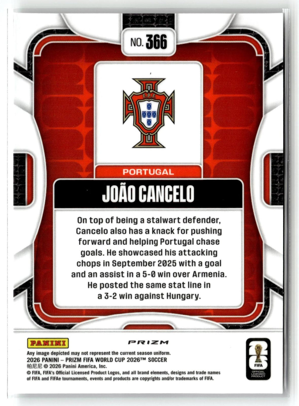 2026 Panini Prizm FIFA World Cup #366 Joao Cancelo Disco Prizm