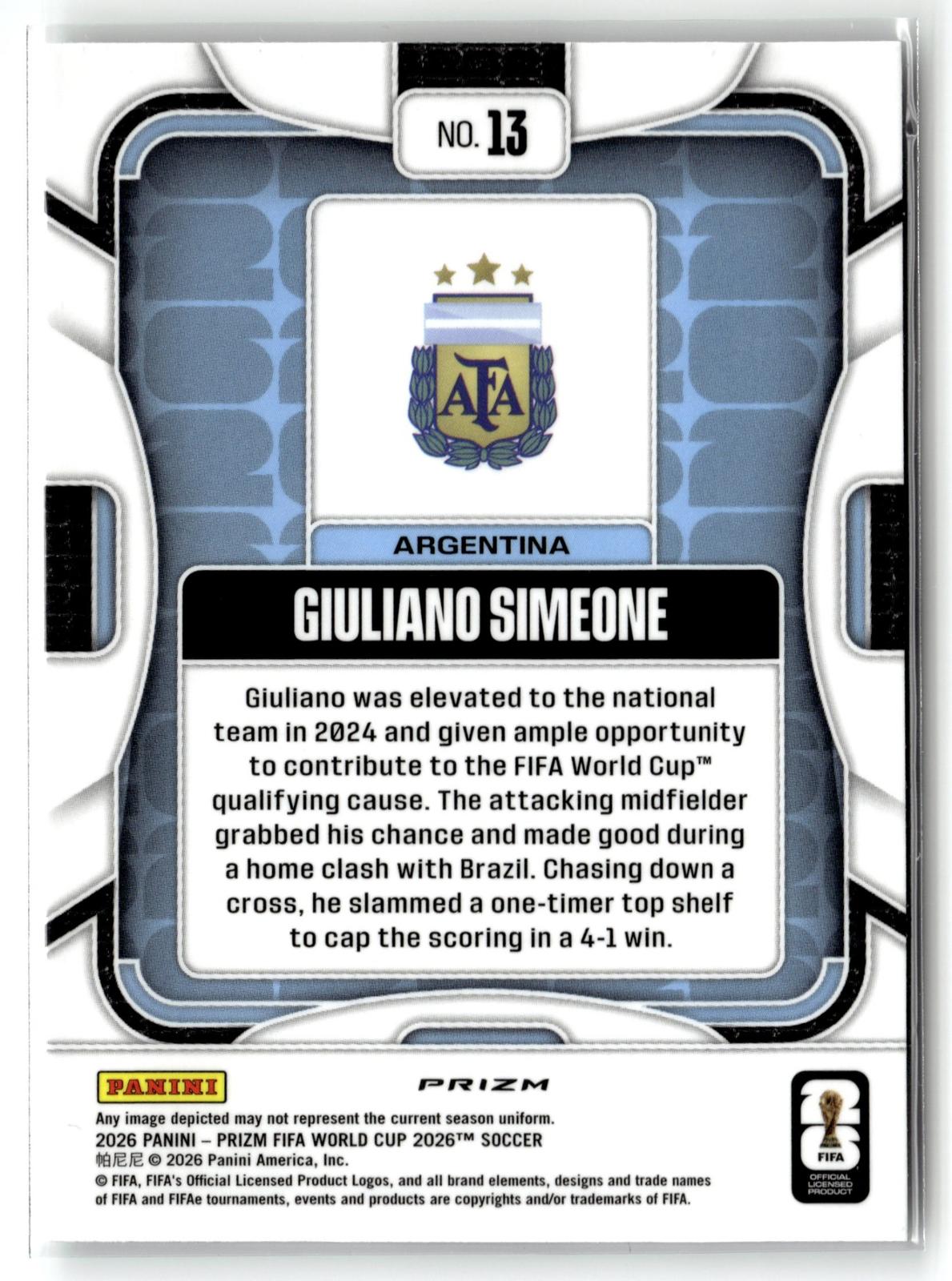 2026 Panini Prizm FIFA World Cup #13 Giuliano Simeone Silver Prizm