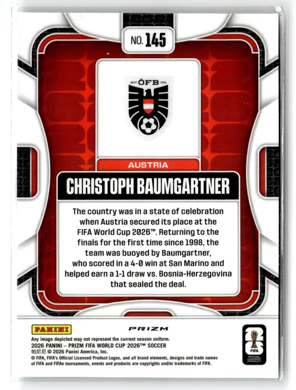 2026 Panini Prizm FIFA World Cup #145 Christoph Baumgartner Silver Prizm