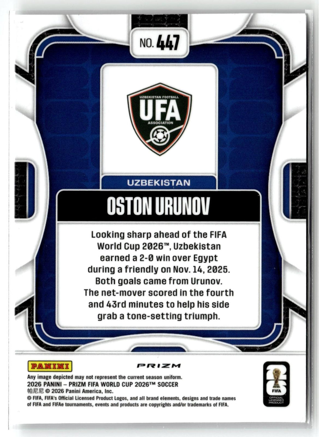 2026 Panini Prizm FIFA World Cup #447 Oston Urunov Disco Prizm