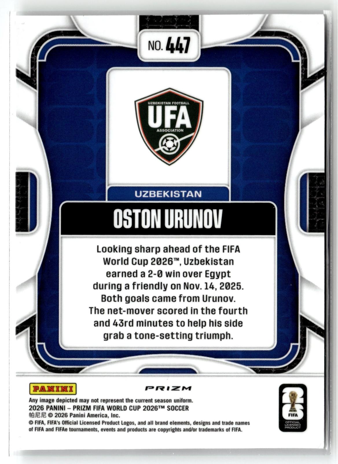 2026 Panini Prizm FIFA World Cup #447 Oston Urunov Disco Prizm