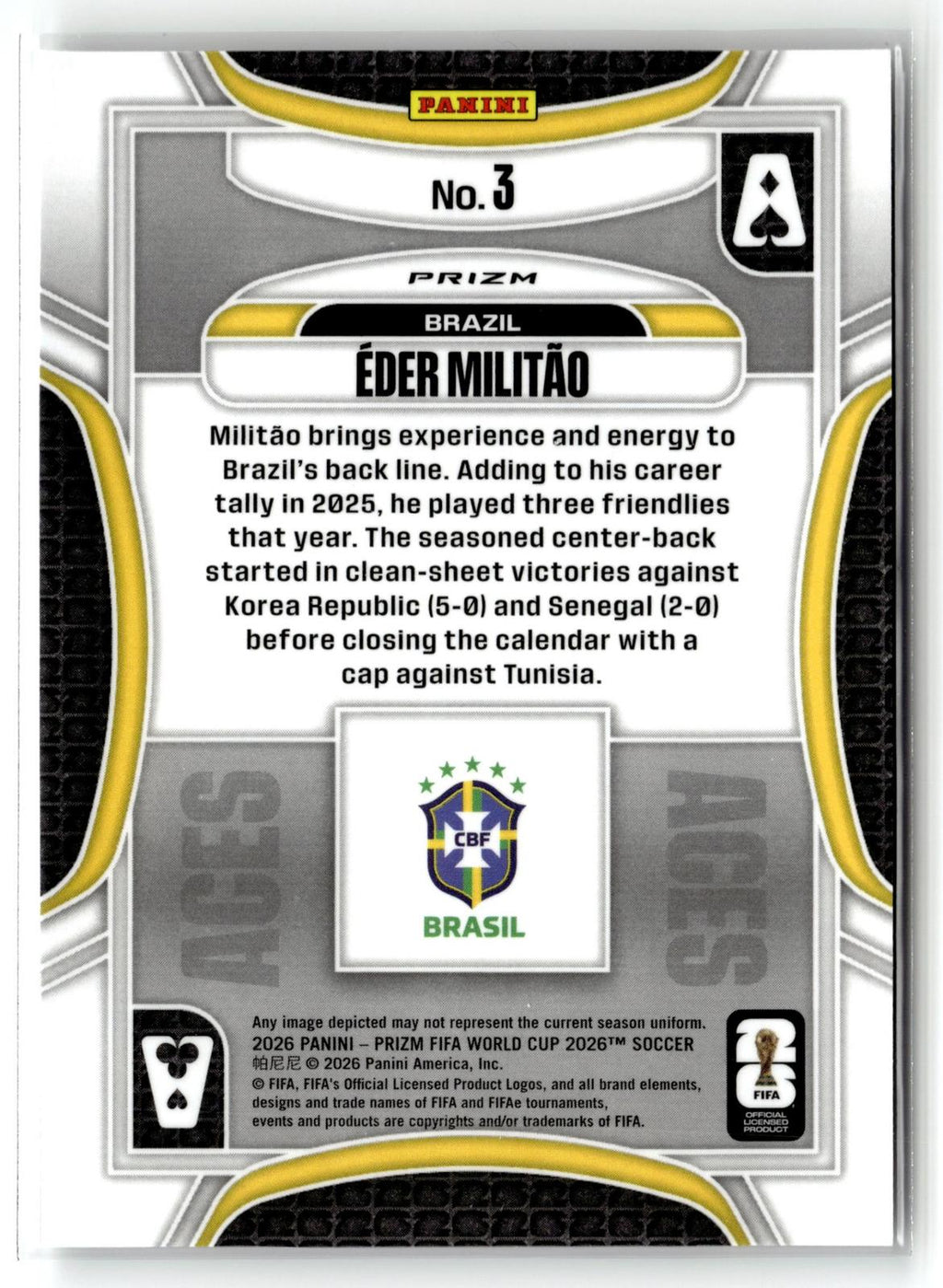 2026 Panini Prizm FIFA World Cup #3 Eder Militao Aces Silver Prizm
