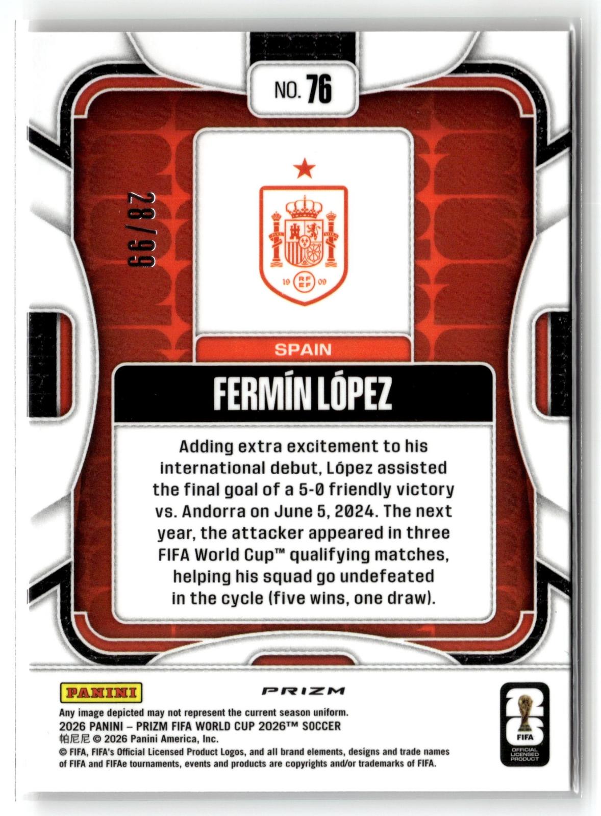 2026 Panini Prizm FIFA World Cup #76 Fermin Lopez Red Disco Prizm #/99