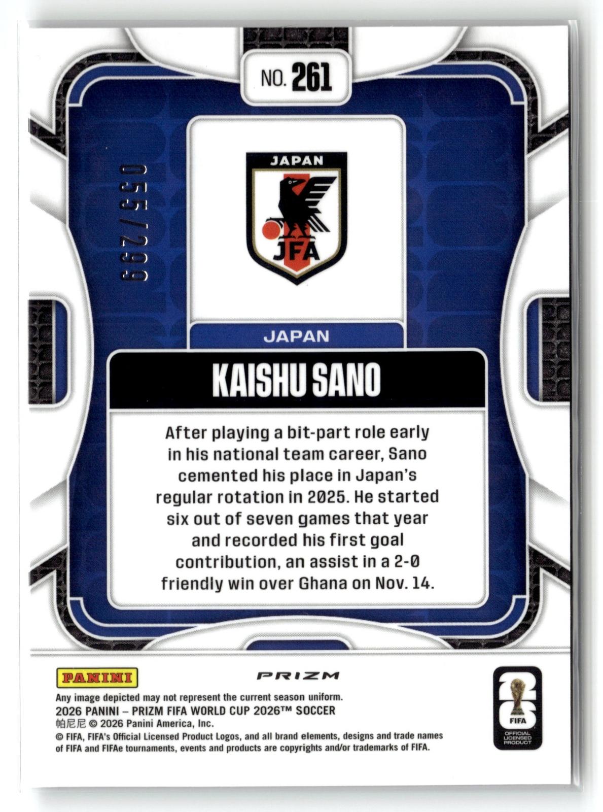 2026 Panini Prizm FIFA World Cup #261 Kaishu Sano Purple Hyper Prizm #/299