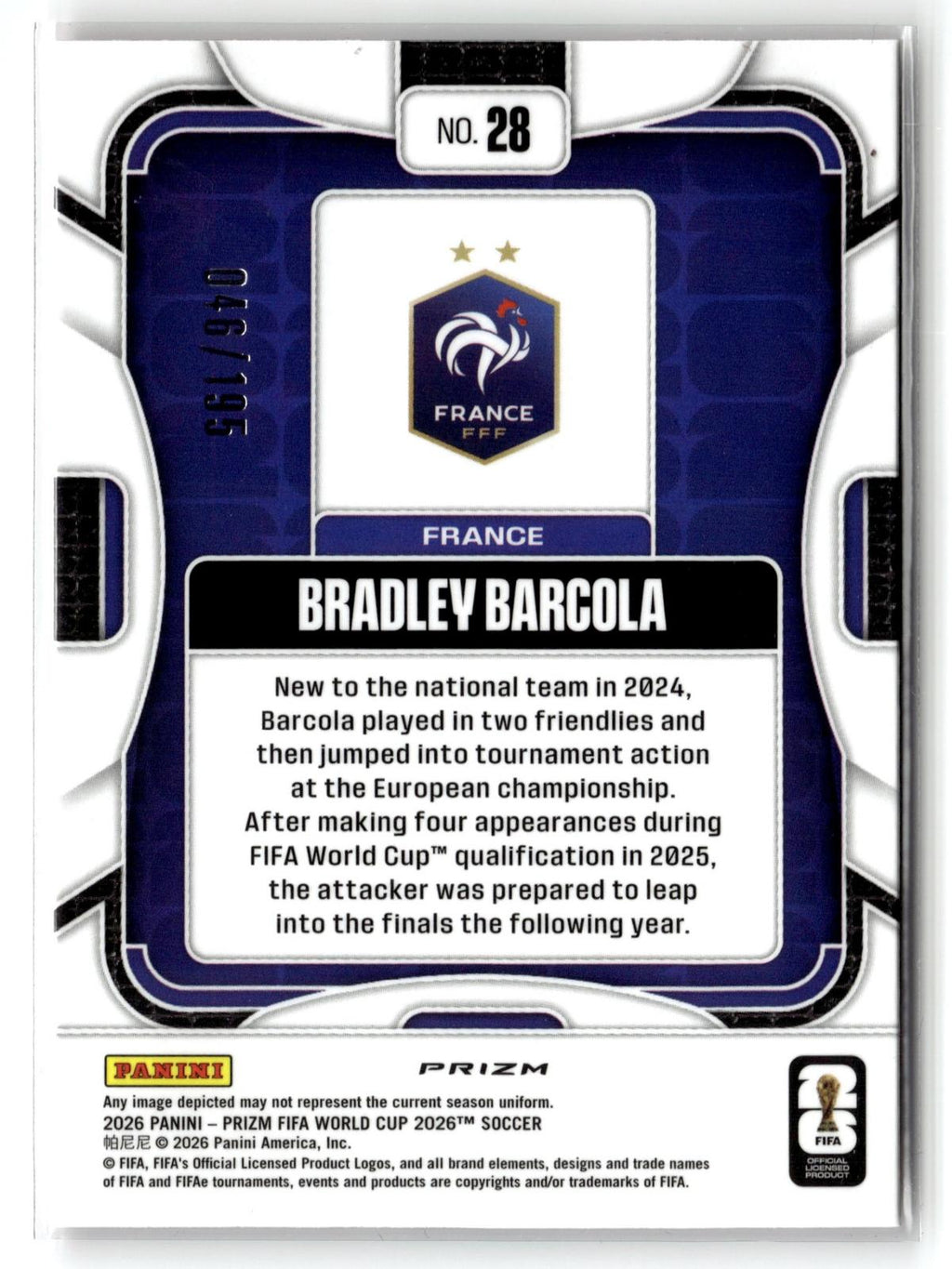 2026 Panini Prizm FIFA World Cup #28 Bradley Barcola Fuchsia Flash Prizm #/195