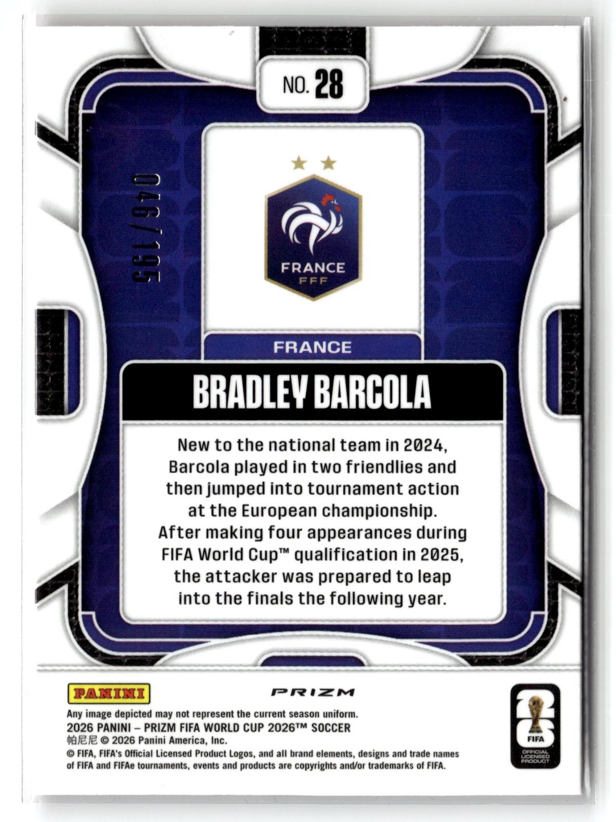 2026 Panini Prizm FIFA World Cup #28 Bradley Barcola Fuchsia Flash Prizm #/195