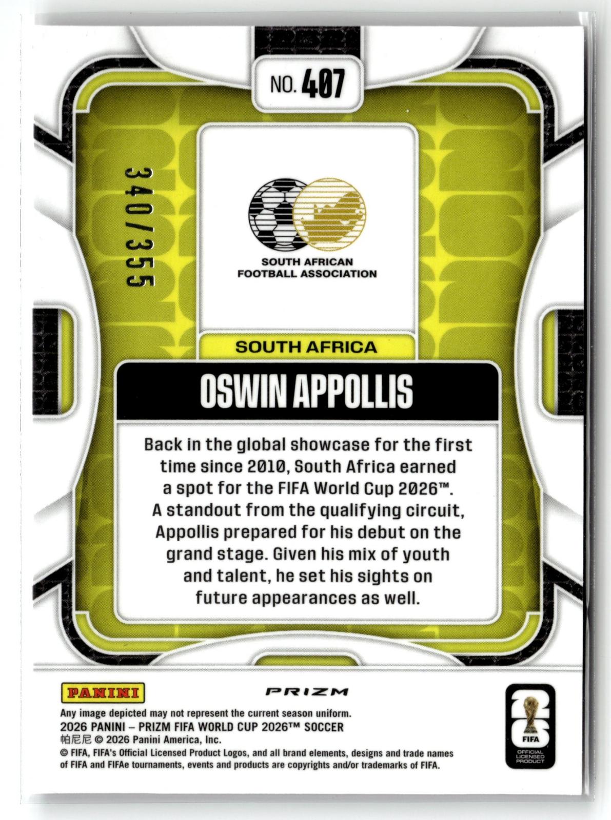 2026 Panini Prizm FIFA World Cup #407 Oswin Appollis Purple Disco Prizm #/355