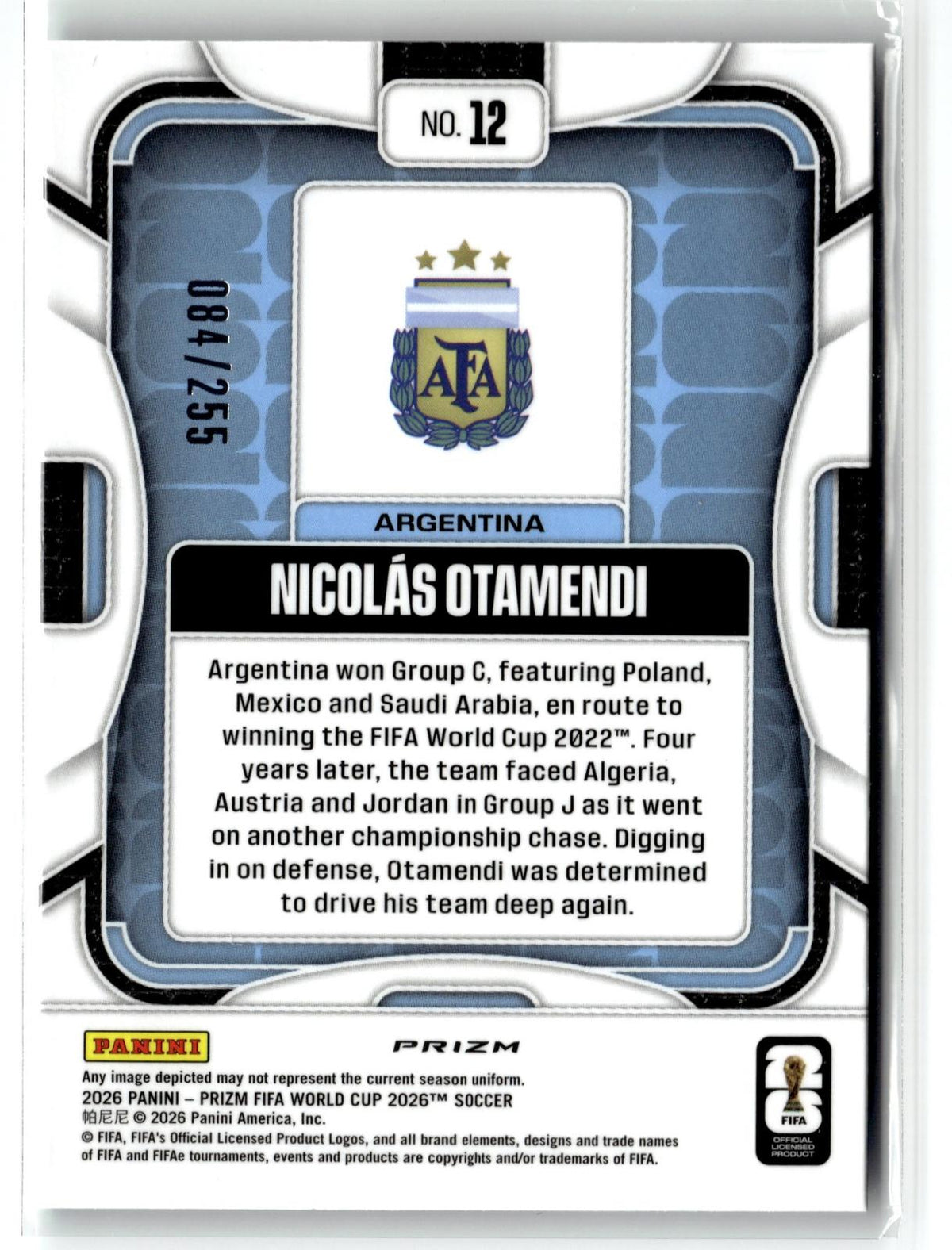 2026 Panini Prizm FIFA World Cup #12 Nicolas Otamendi Teal Flash Prizm #/255