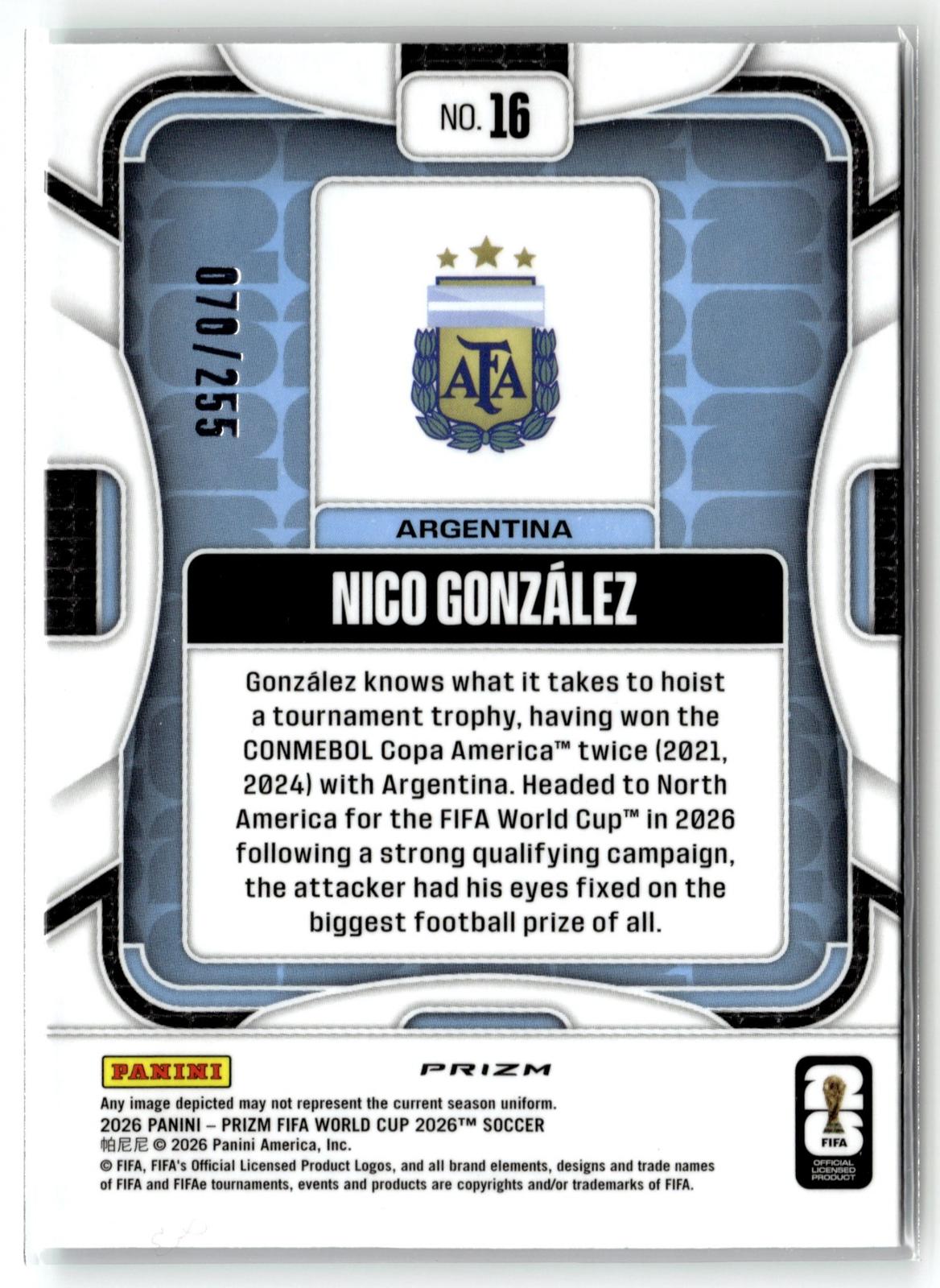 2026 Panini Prizm FIFA World Cup #16 Nico Gonzalez Teal Flash Prizm #/255